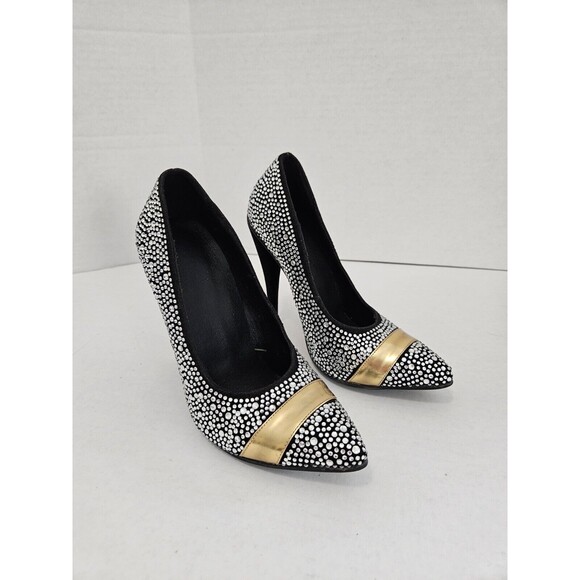 Black Faux Suede Pumps Covered In Rhinestones With Goldtone Band Size EU 3 US 7 - Picture 1 of 7